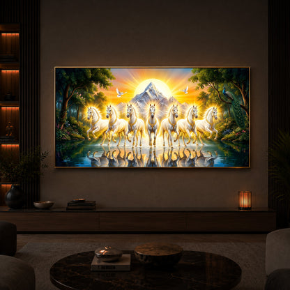 7 White Horses River Glloping Modern Luxury Backlight Horizontal Wall Art
