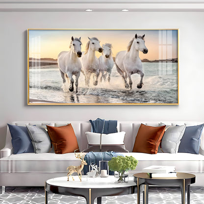 White Running Horses in The Sea Premium Acrylic Horizontal Wall Art