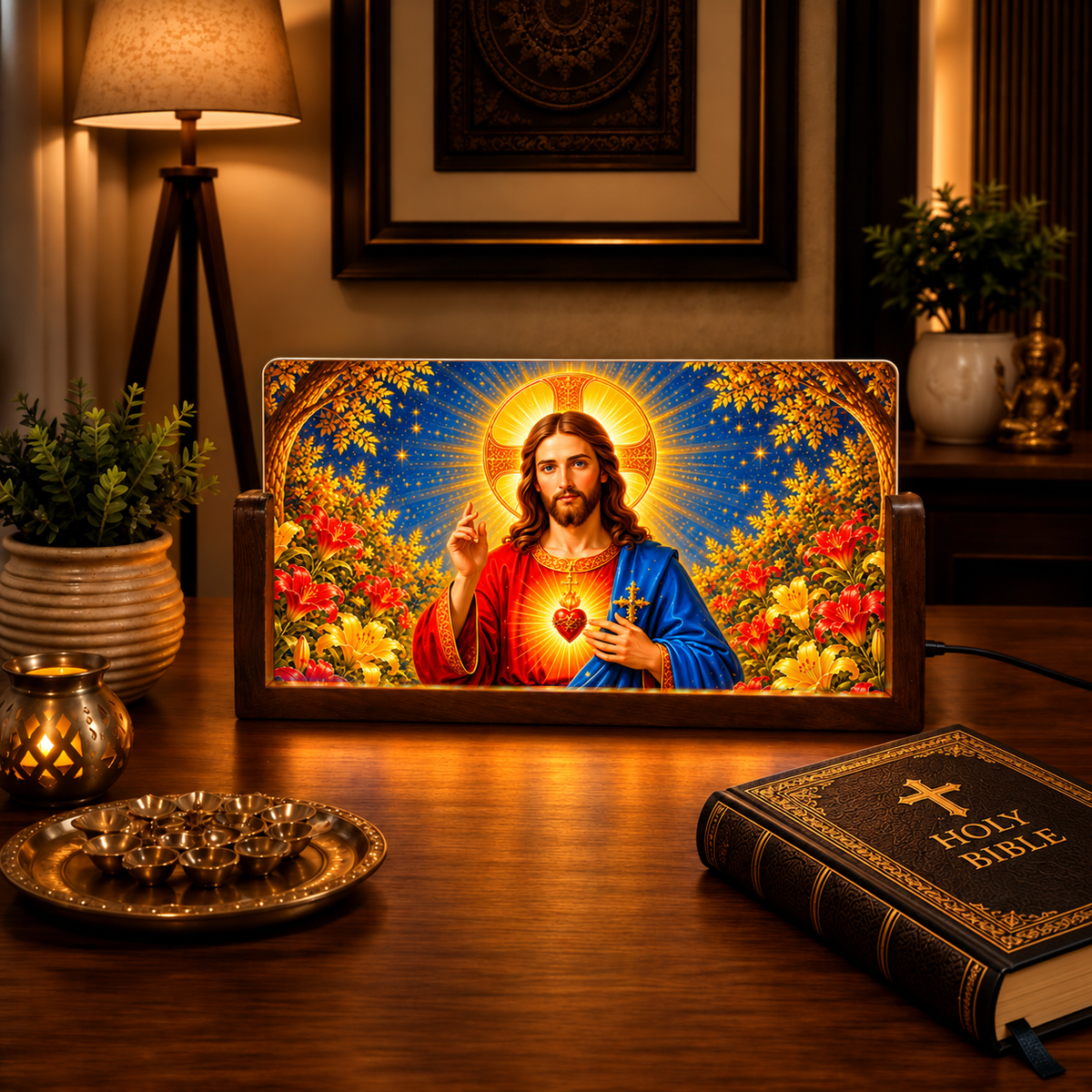 Sacred Jesus Acrylic LED Table Lamp - Wooden Stand