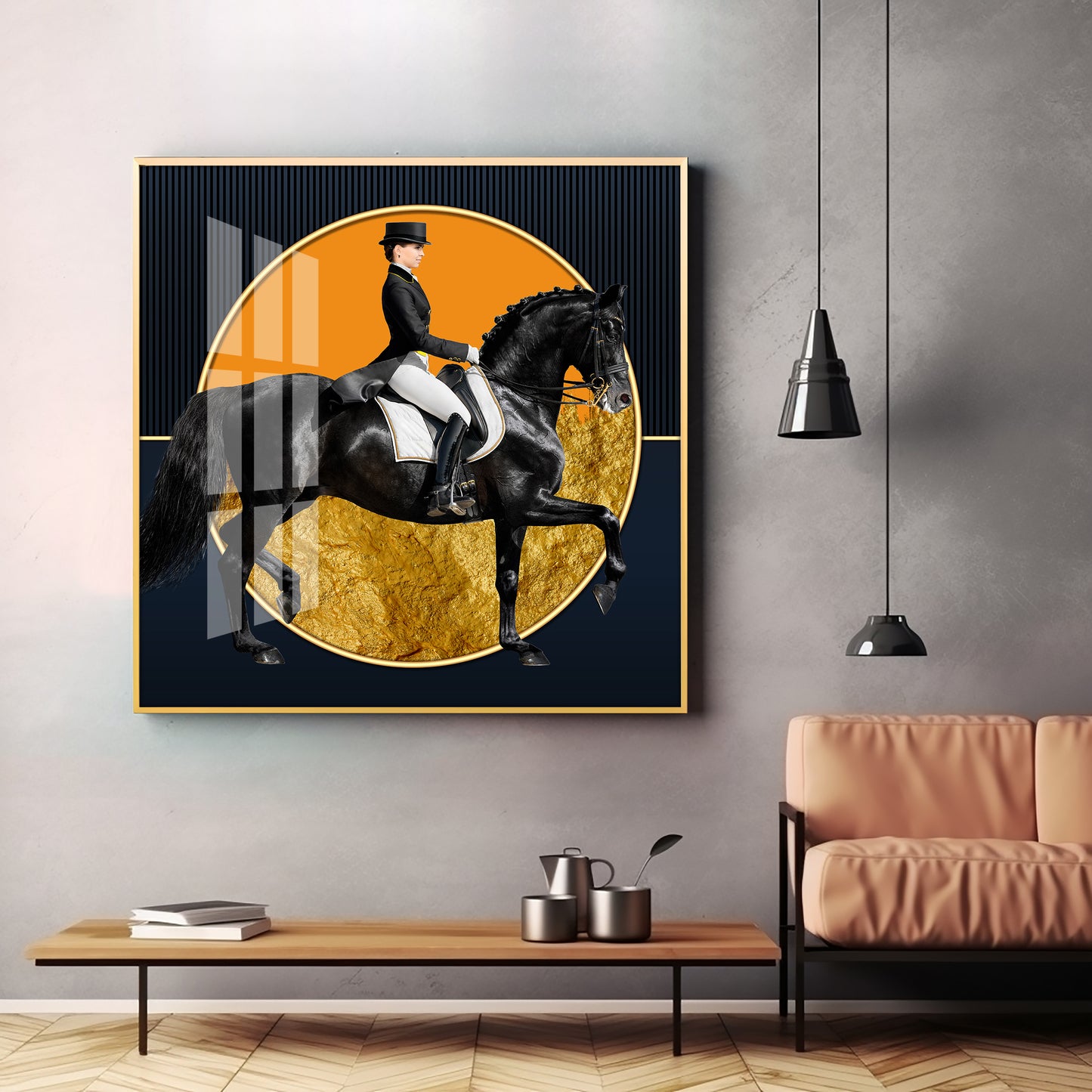 Man Riding on Black Horse Premium Acrylic Square Wall Art