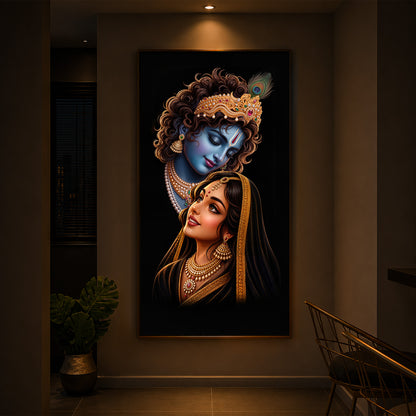 Hindu Deities Shri Radha Krishna Modern Luxury Backlight Vertical Wall Art