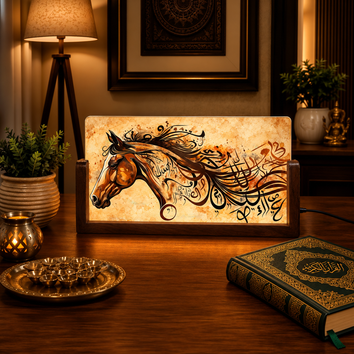 Arabic Horse Acrylic LED Table Lamp - Wooden Stand