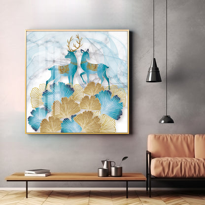 Blue Deer With Ginkgo Leaf Premium Acrylic Square Wall Art