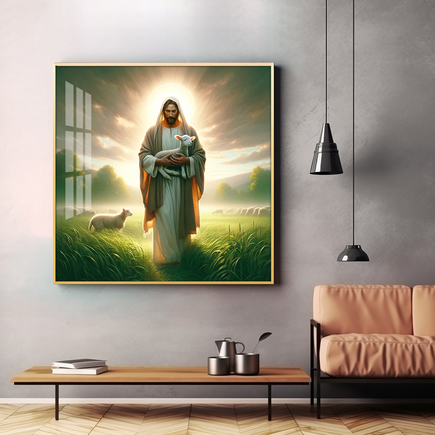 Jesus And His Sheep Premium Acrylic Square Wall Art