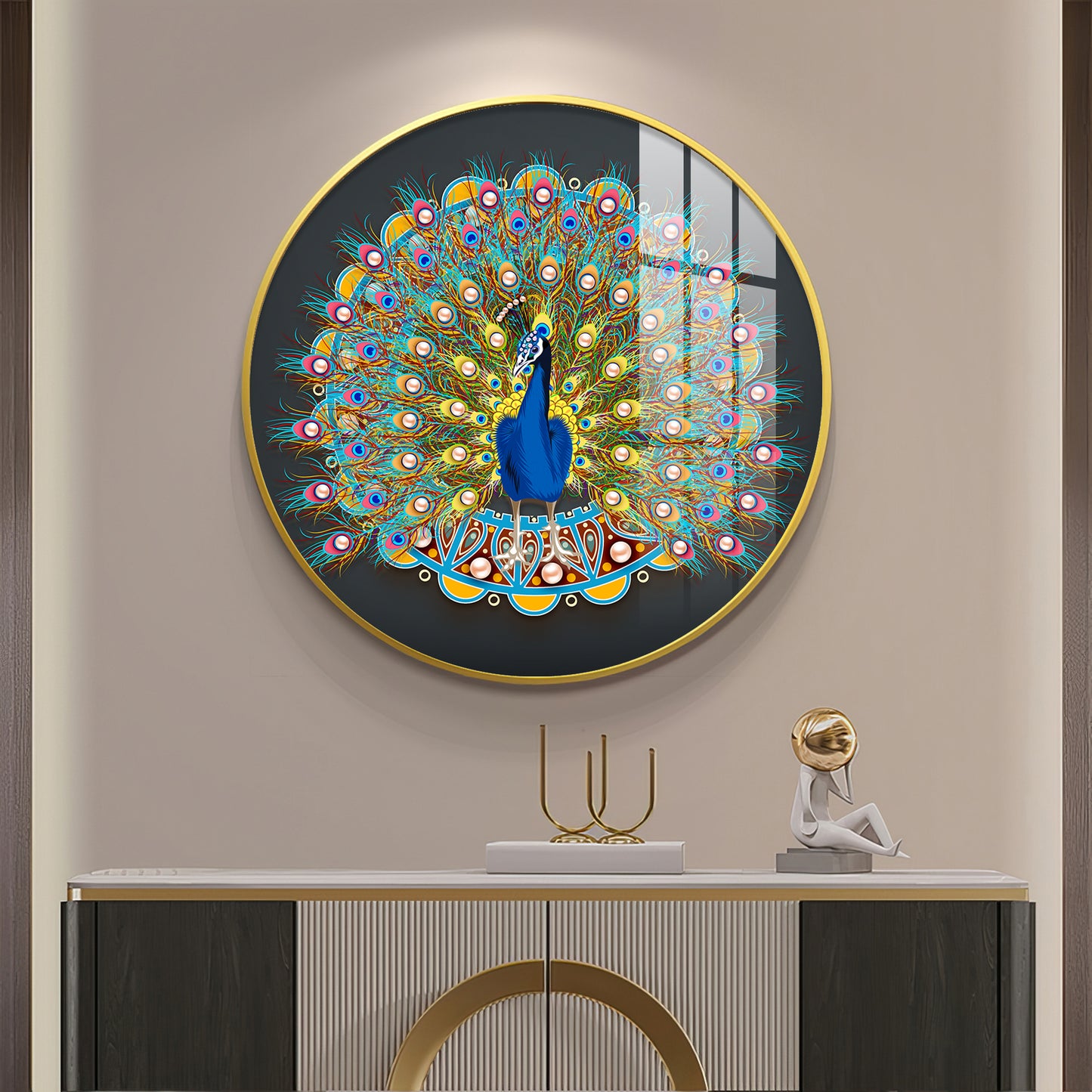 Vibrant Peacock Premium Acrylic Round Wall Art