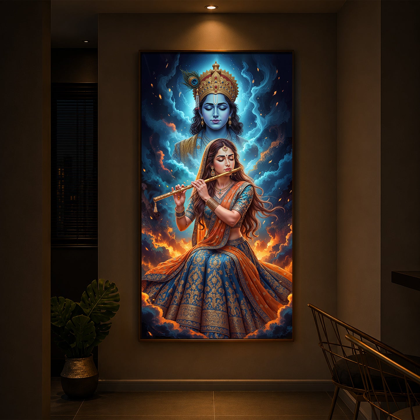 Radhe Krishna Colorful Modern Luxury Backlight Vertical Wall Art