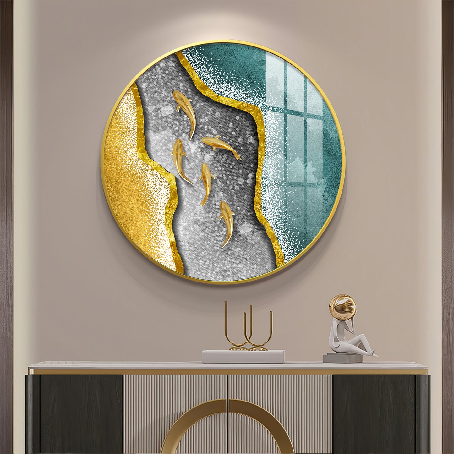 Koi Fish In Waves Premium Acrylic Round Wall Art