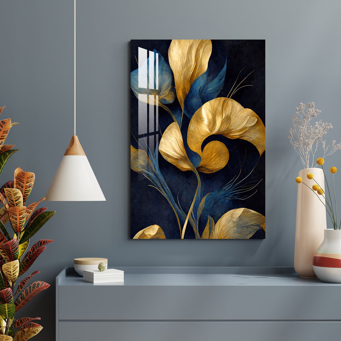 Golden Brushed Leaves Acrylic Wall Art