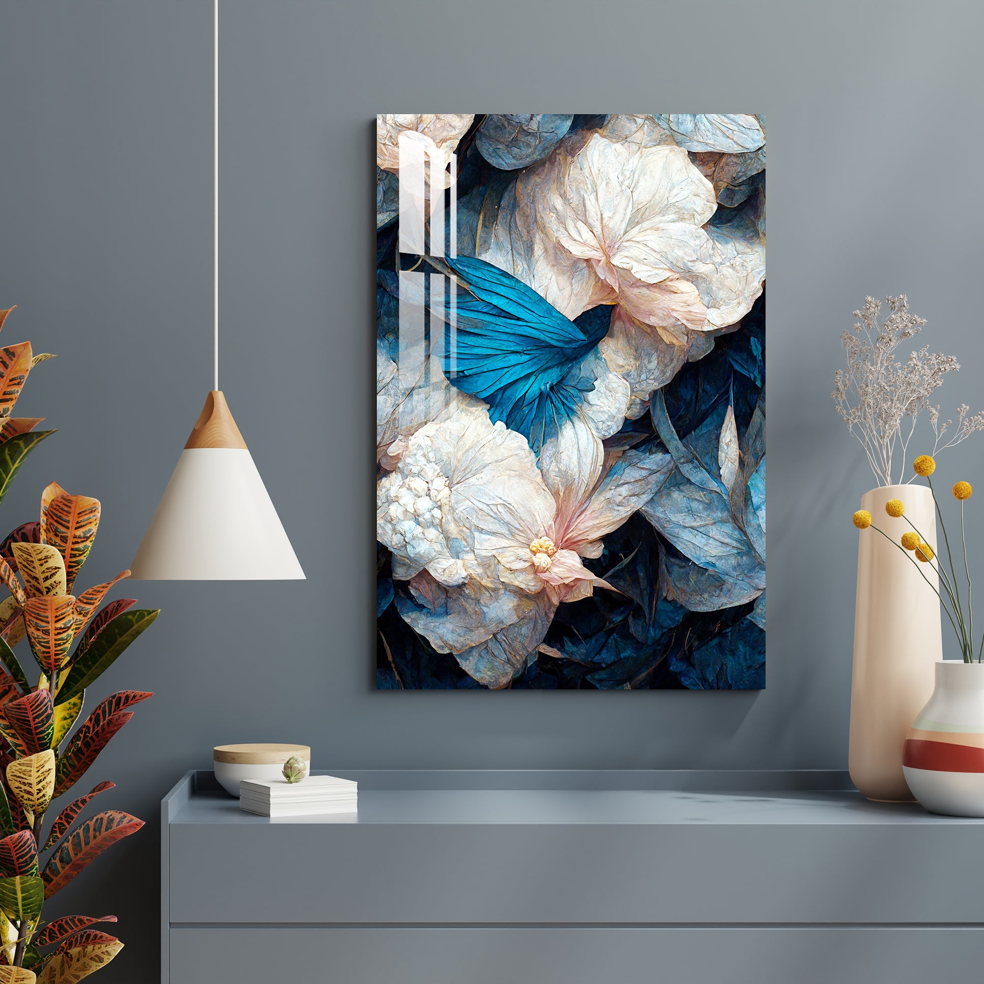 White and Blue Flowers Acrylic Wall Art