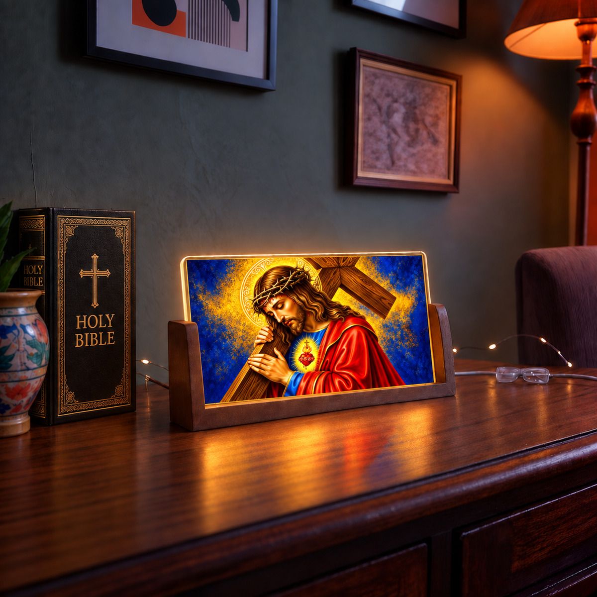 Jesus Carrying Cross Acrylic LED Table Lamp - Wooden Stand
