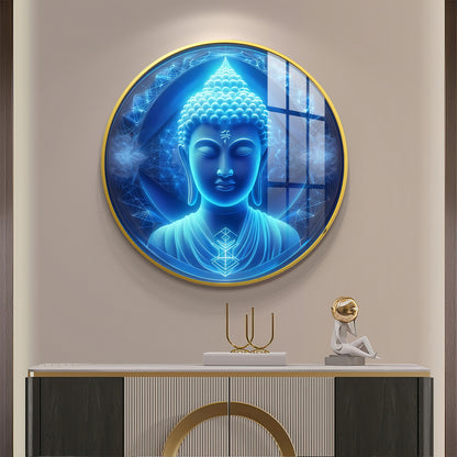 Sacred Buddha In Blue Premium Acrylic Round Wall Art