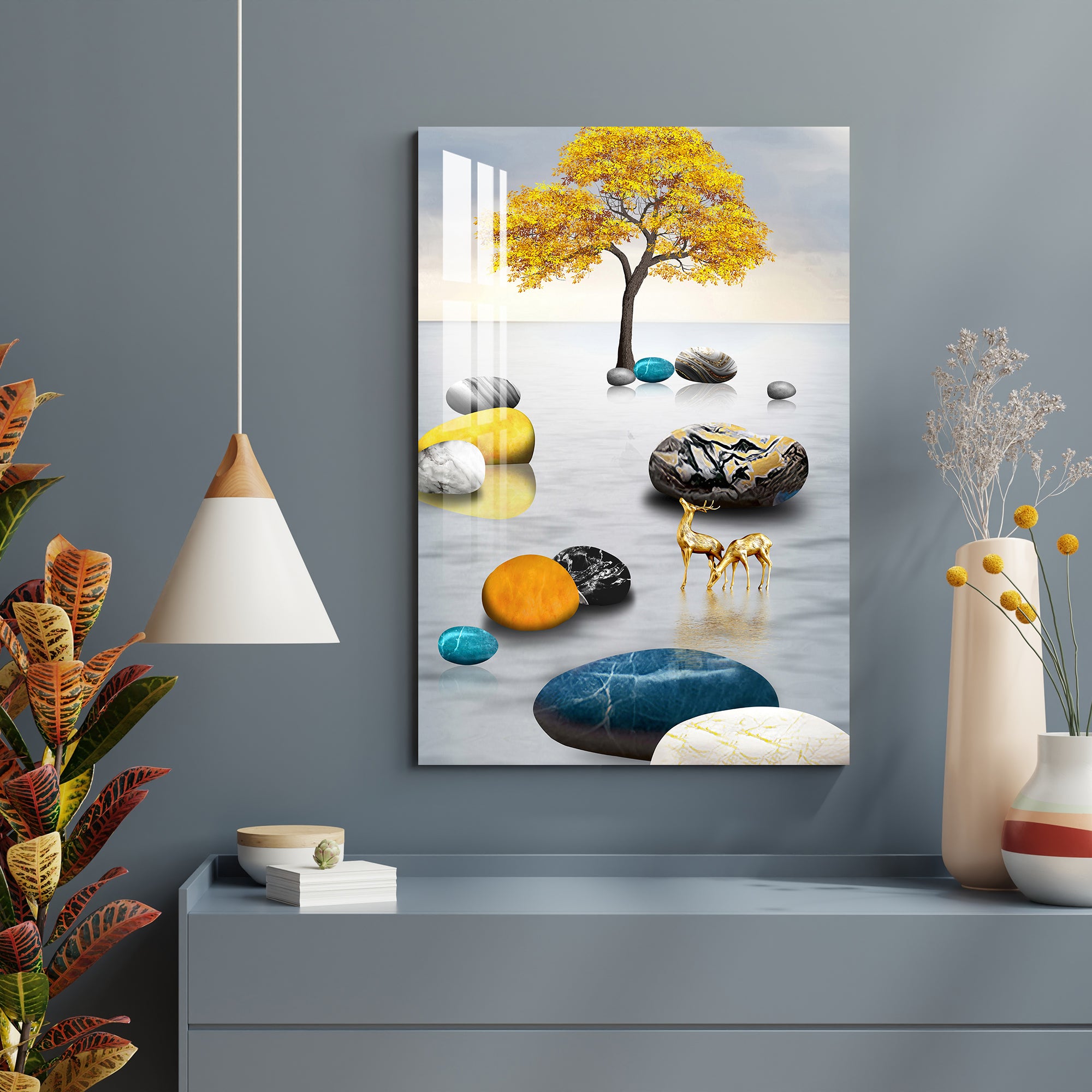 Lucky Stones with Golden Trees Acrylic Wall Art