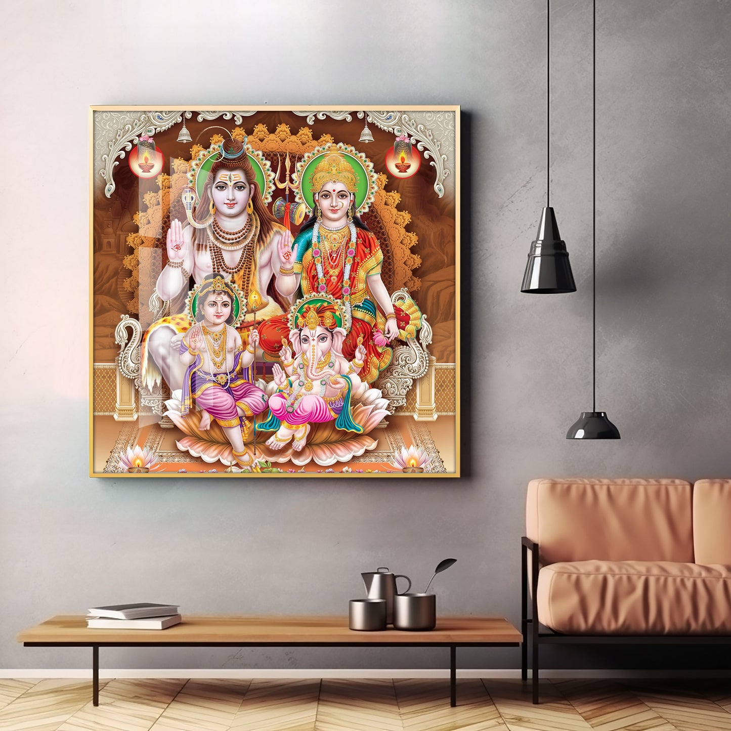Shiv Parivar Premium Acrylic Square Wall Art - 24X24 inches / Gold