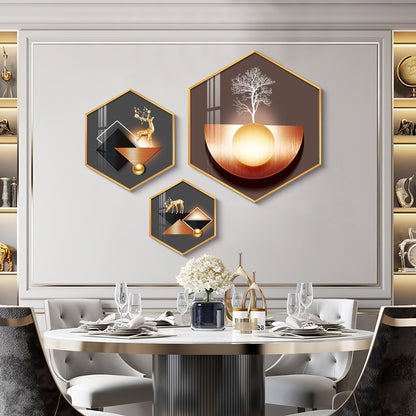 A Hoping Reindeer Premium Acrylic Hexagon Wall Art (Set of 3)