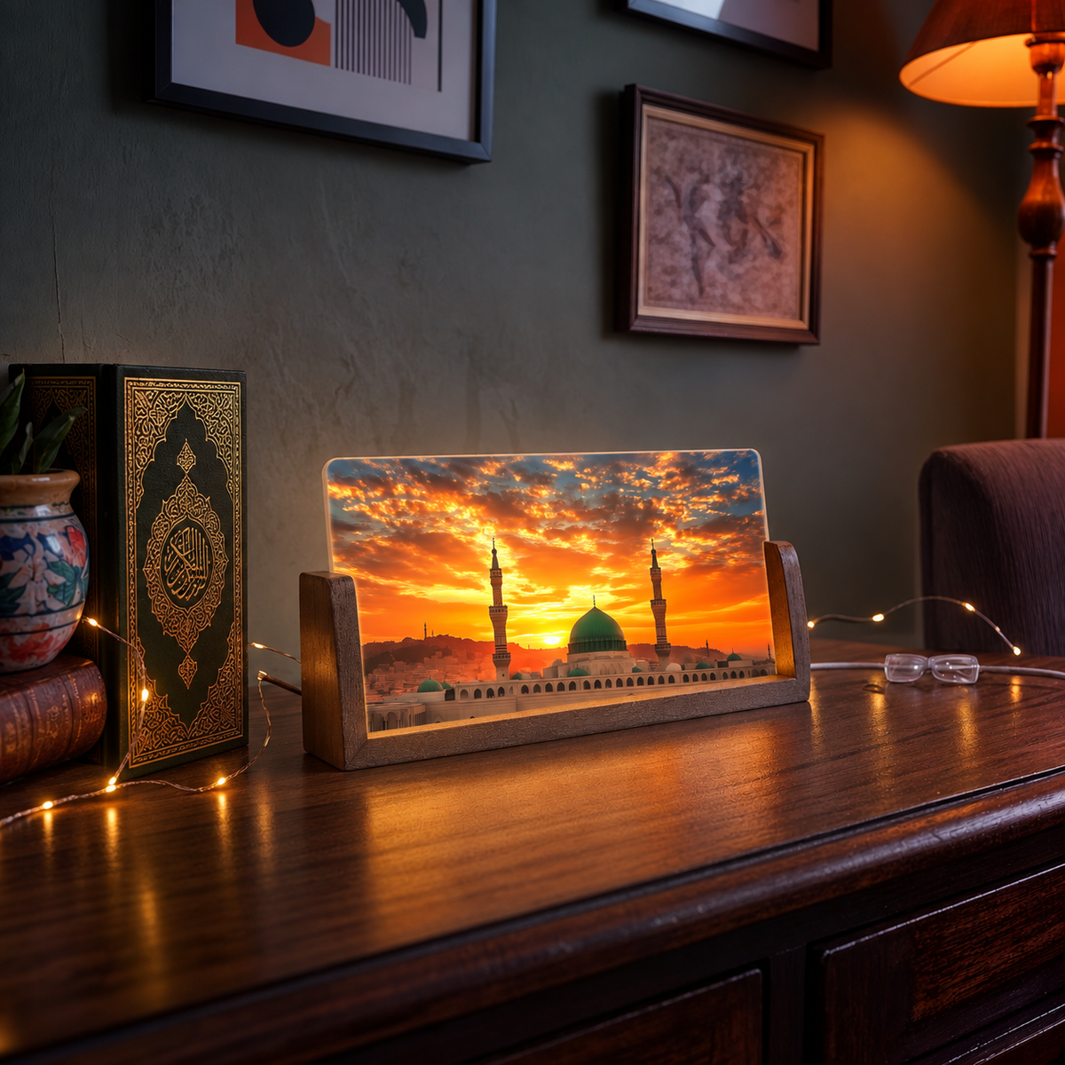 Holy Madina Sharif Acrylic LED Table Lamp - Wooden Stand