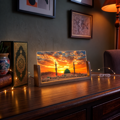 Holy Madina Sharif Acrylic LED Table Lamp - Wooden Stand