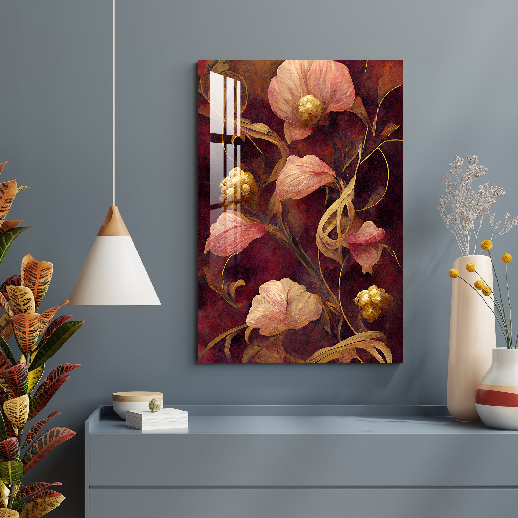 Pink & Golden Retro Flower Acrylic Wall Art