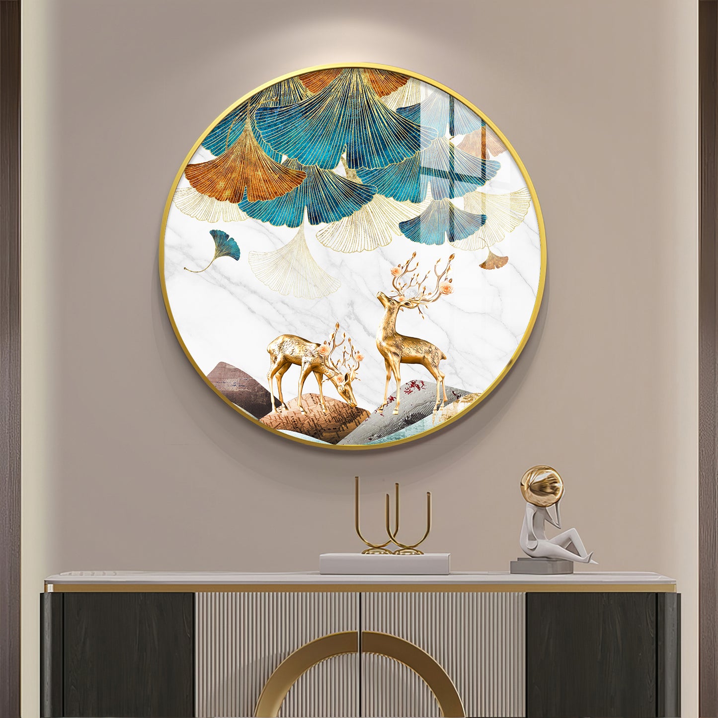 Deer and Leaves Premium Acrylic Round Wall Art