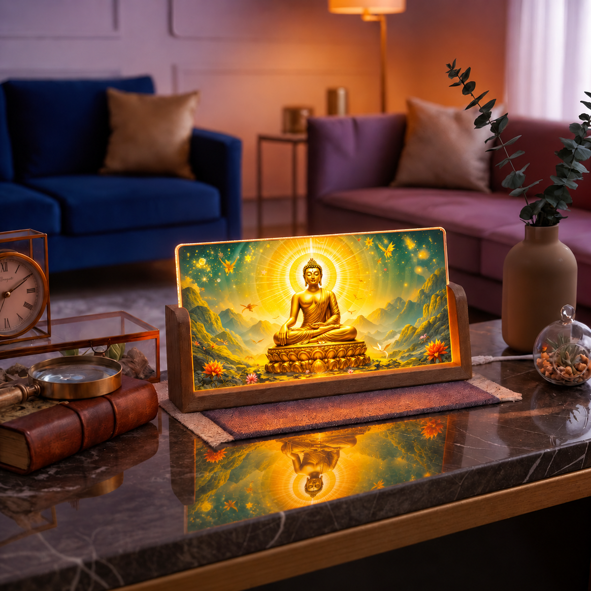 Meditating Buddha Acrylic LED Table Lamp - Wooden Stand