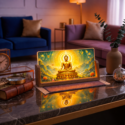 Meditating Buddha Acrylic LED Table Lamp - Wooden Stand
