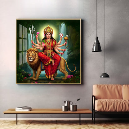 Divine Majesty Of Goddess On Tiger Premium Acrylic Square Wall Art