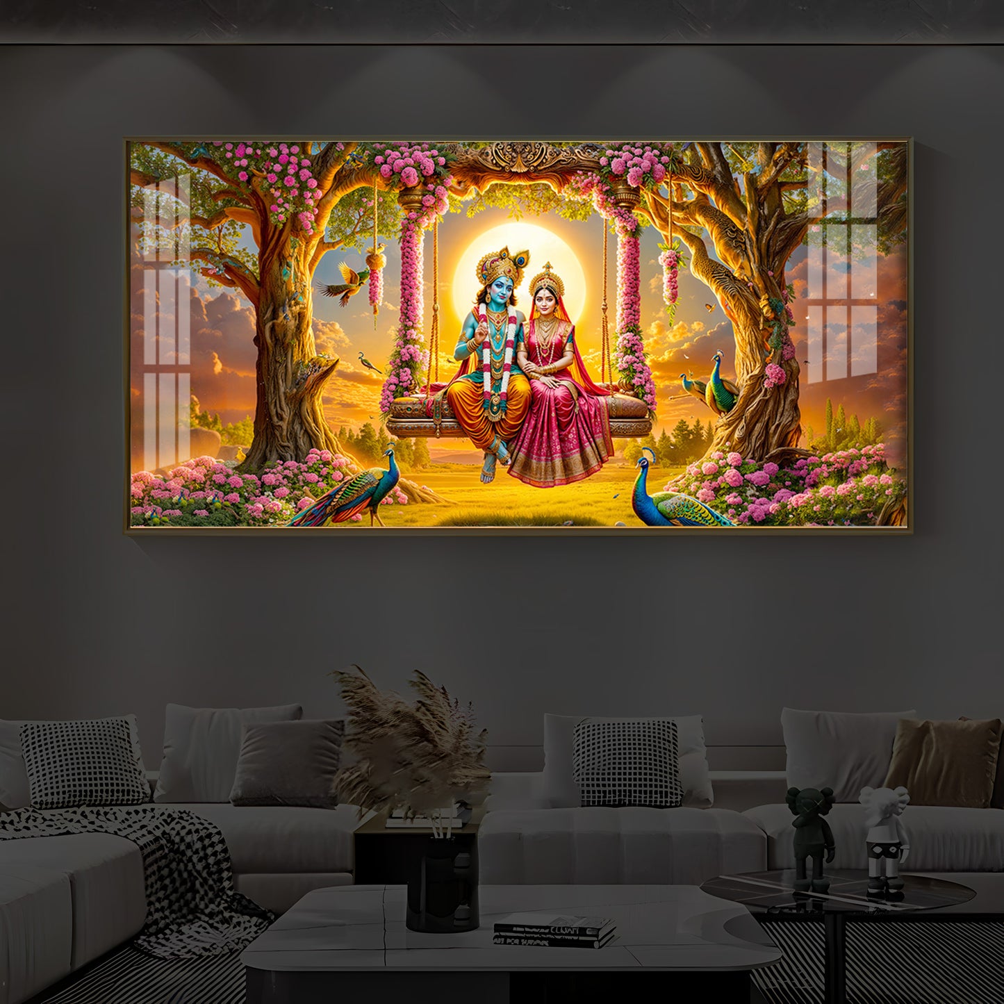 Loving Couple Lord Radha Krishna Modern Luxury Backlight Horizontal Wall Art