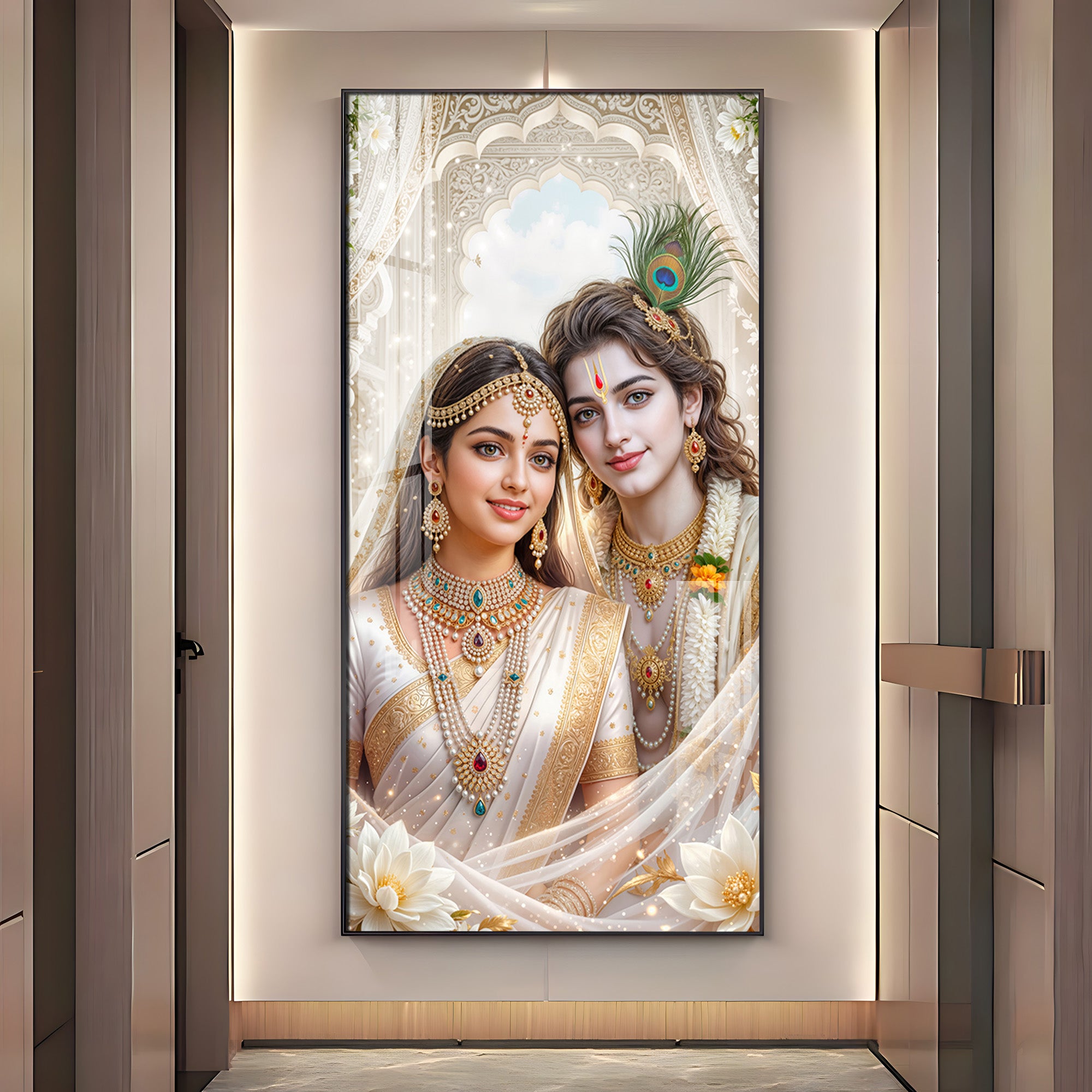 Mystical Love Of Radhe Krishn Modern Luxury Backlight Vertical Wall Art