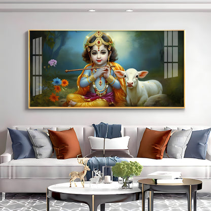 Little Krishna With Bansuri & Cow Premium Acrylic Horizontal Wall Art