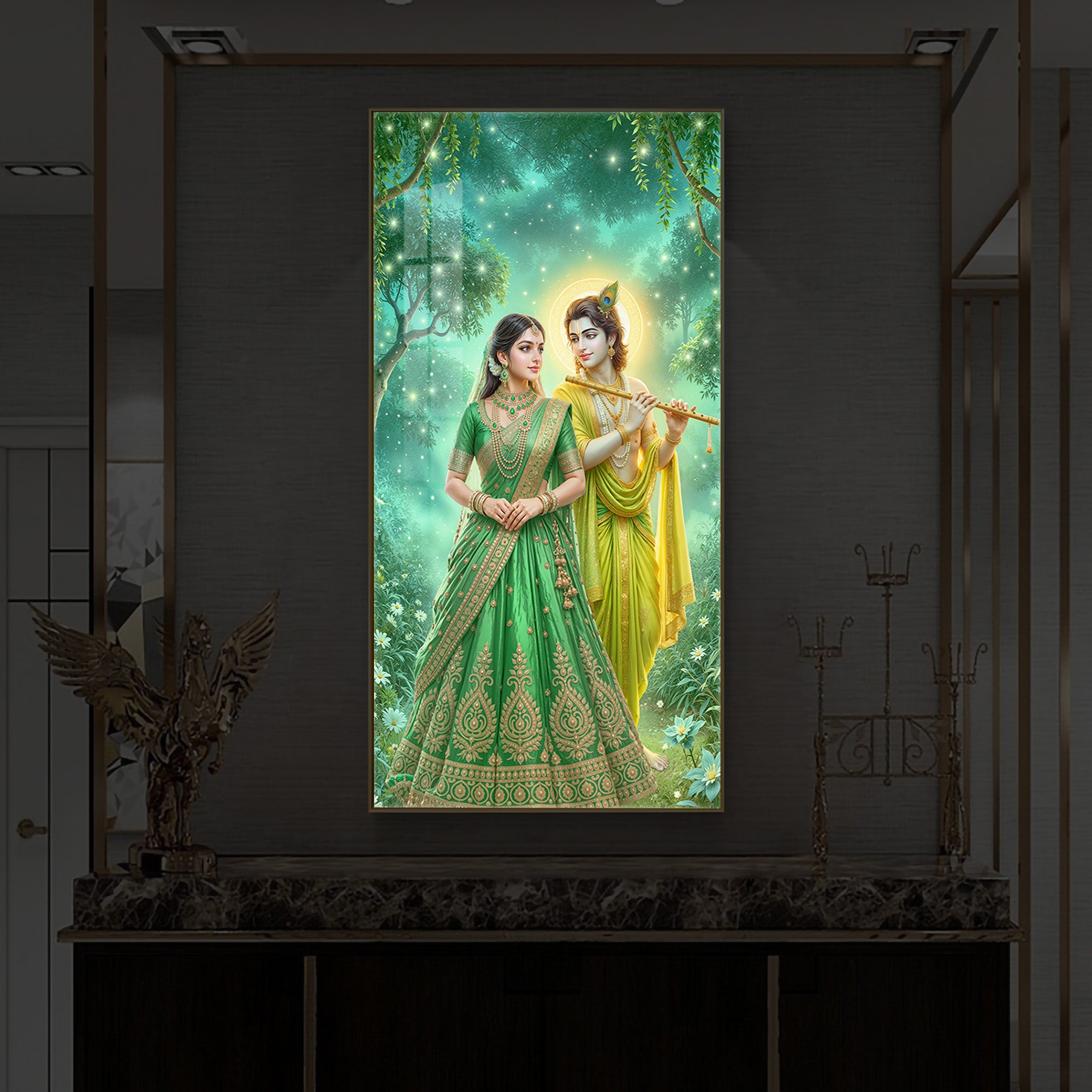 Shri Radhe Krishna Modern Luxury Backlight Vertical Wall Art