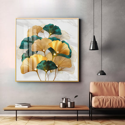 Golden Ginkgo Biloba Luxury Crystal Square Wall Art