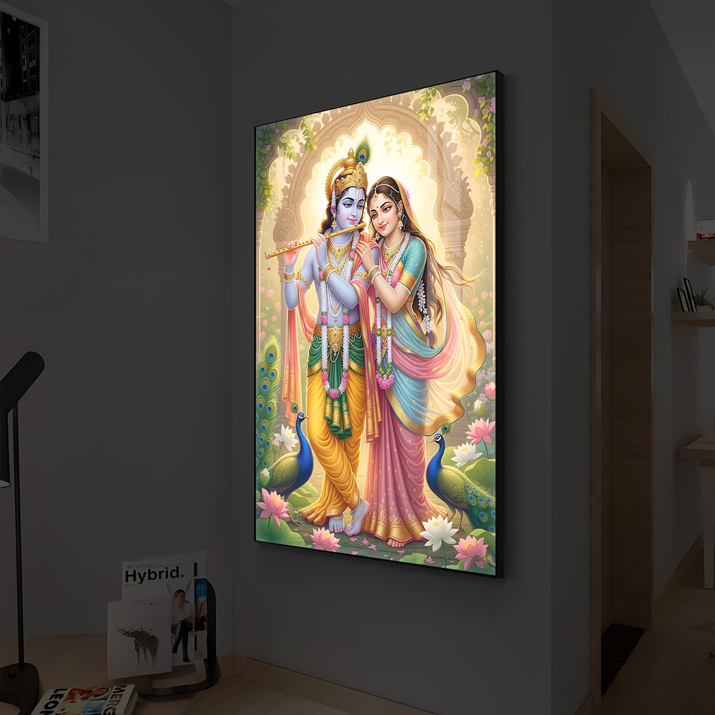 Loving Shri Radhe Krishna Modern Luxury Backlight Vertical Wall Art