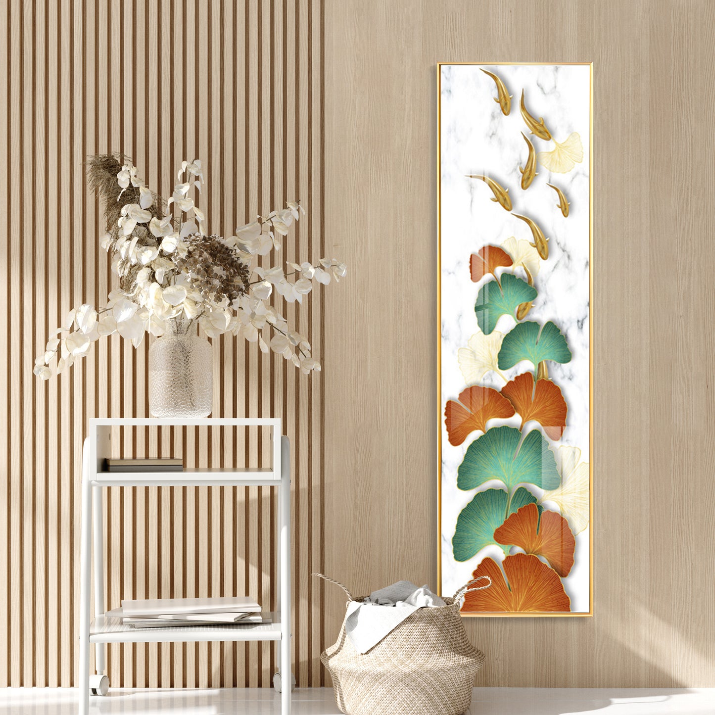 Golden Fish & Colorful Ginkgo Leaves Premium Acrylic Vertical Wall Art