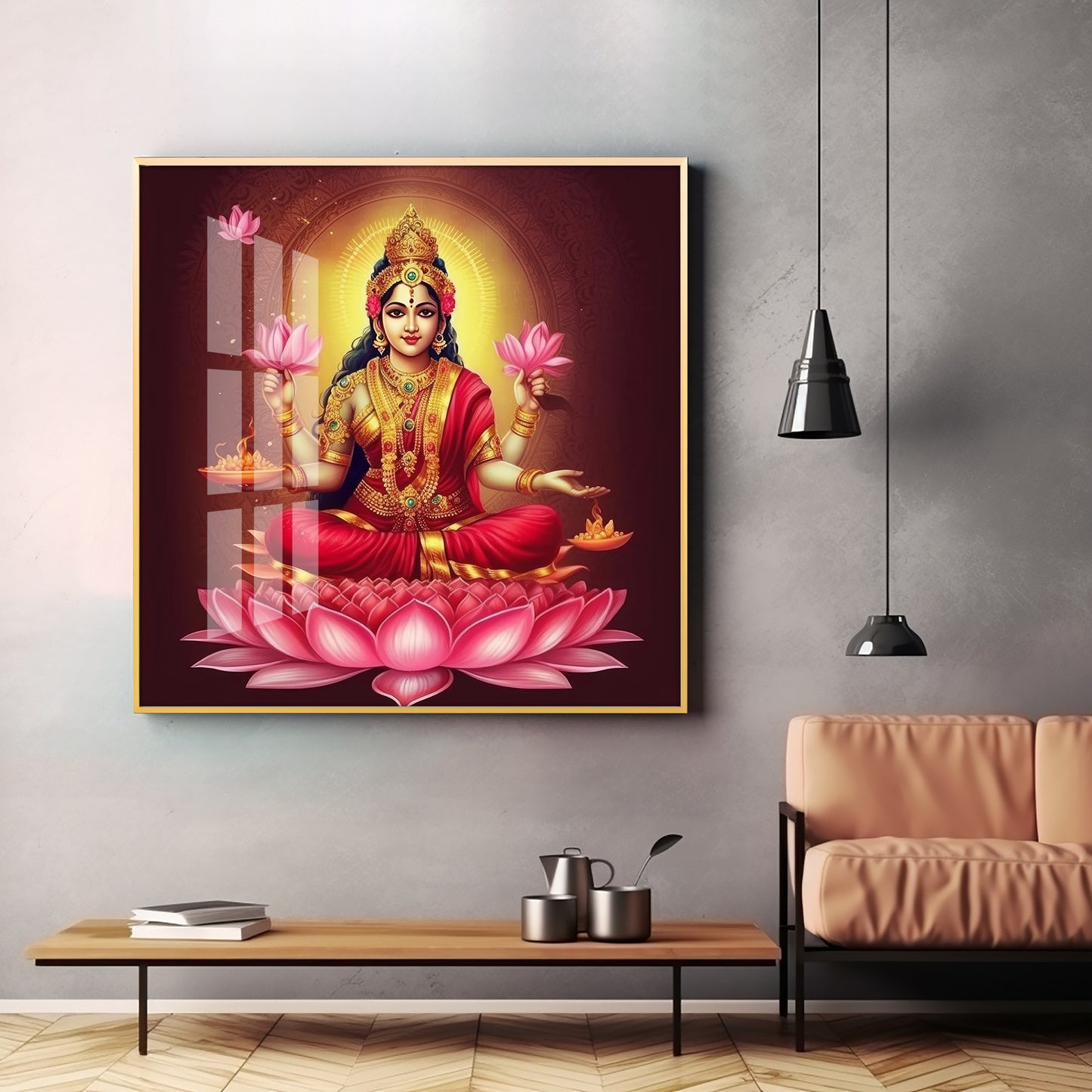 Laxmi Maa With Lotus Premium Acrylic Square Wall Art