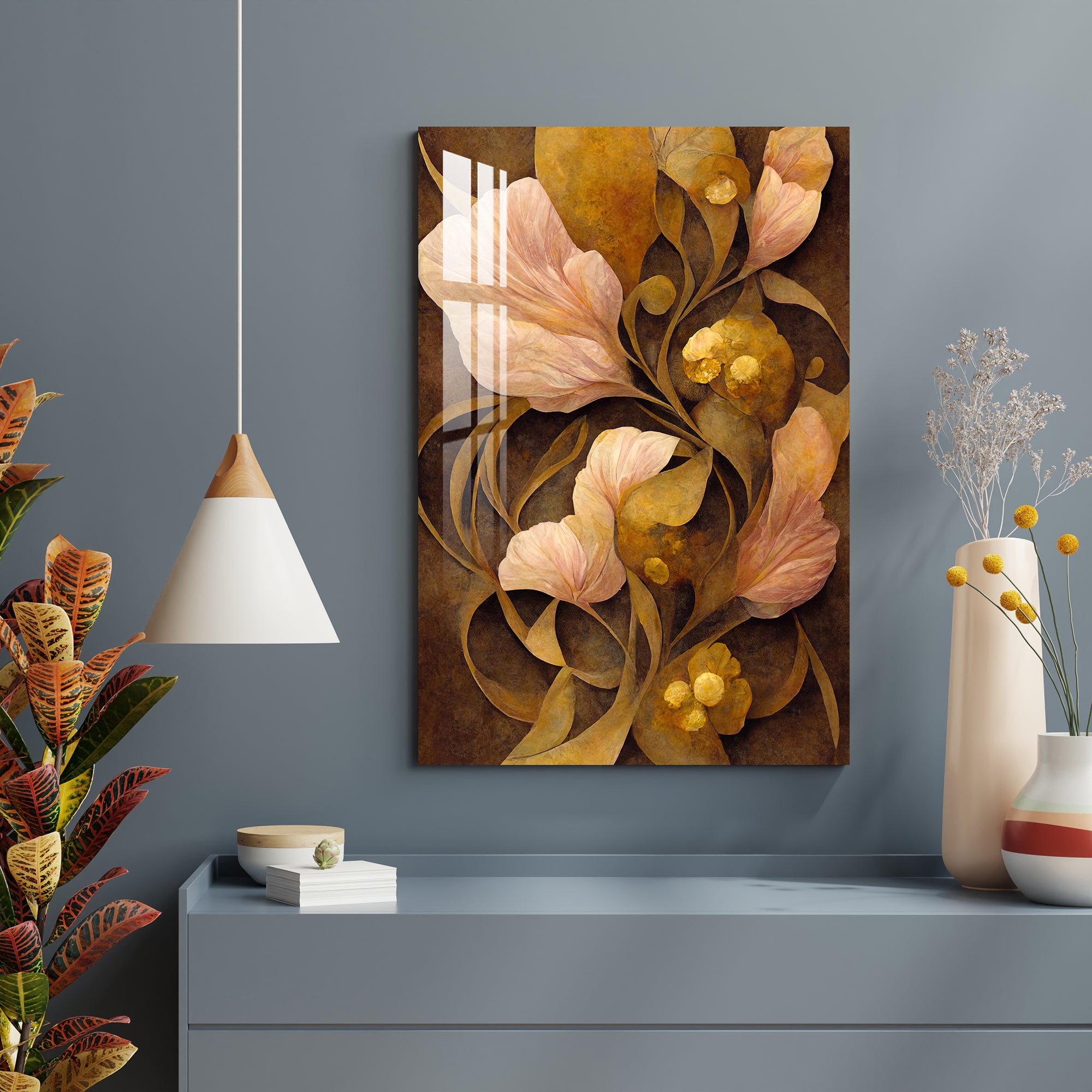 Golden Fantasy Flower Acrylic Wall Art