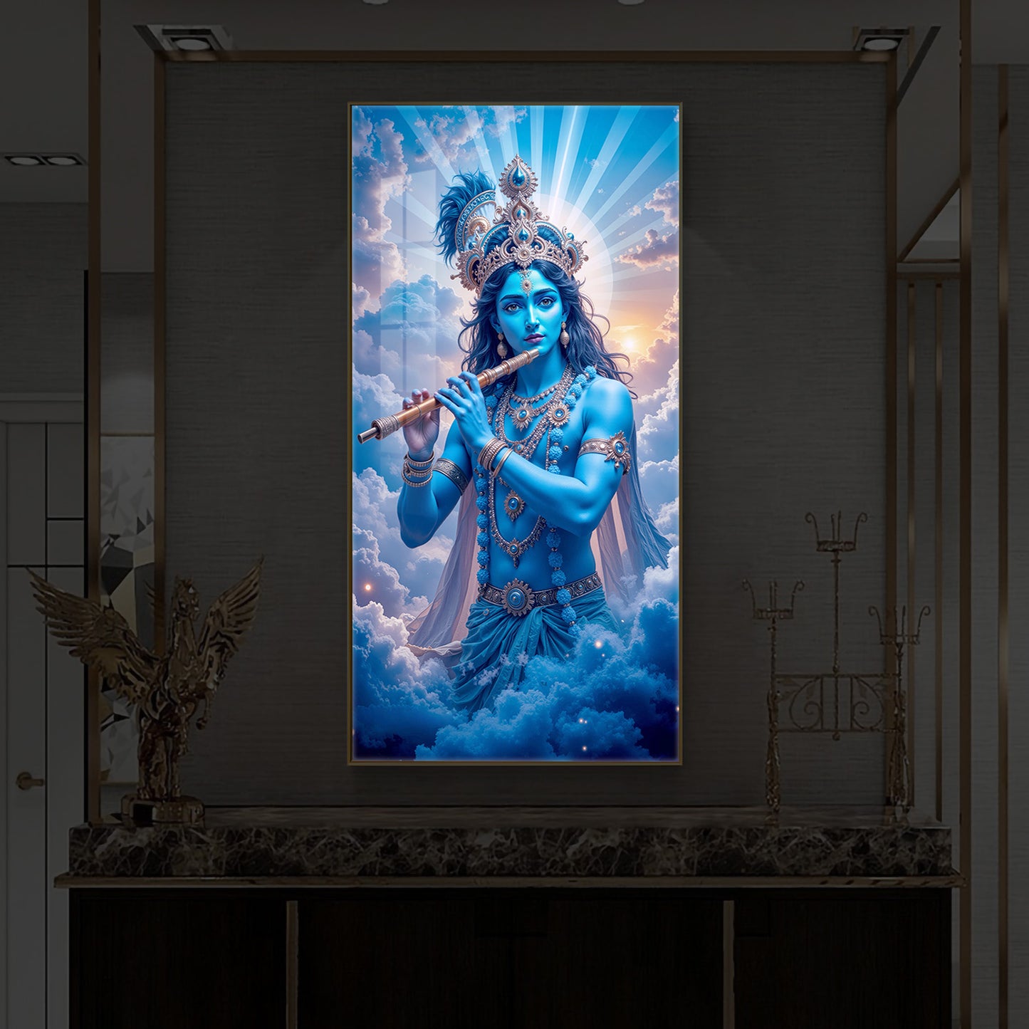 Lord Shri Krishna Modern Luxury Backlight Vertical Wall Art