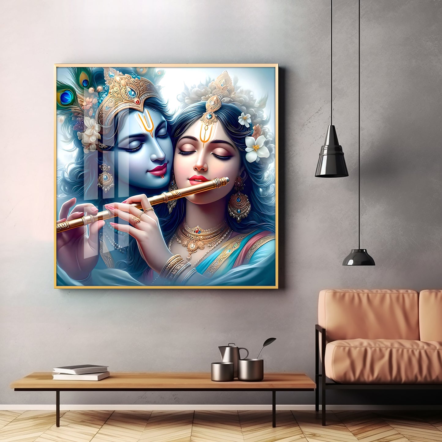 Radha Krishna With Flute Premium Acrylic Square Wall Art