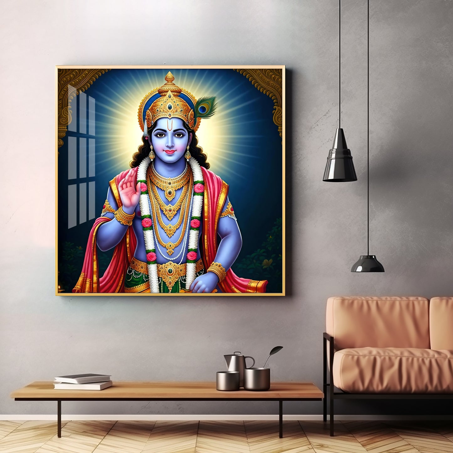 Divine Lord Krishna Blessing Premium Acrylic Square Wall Art