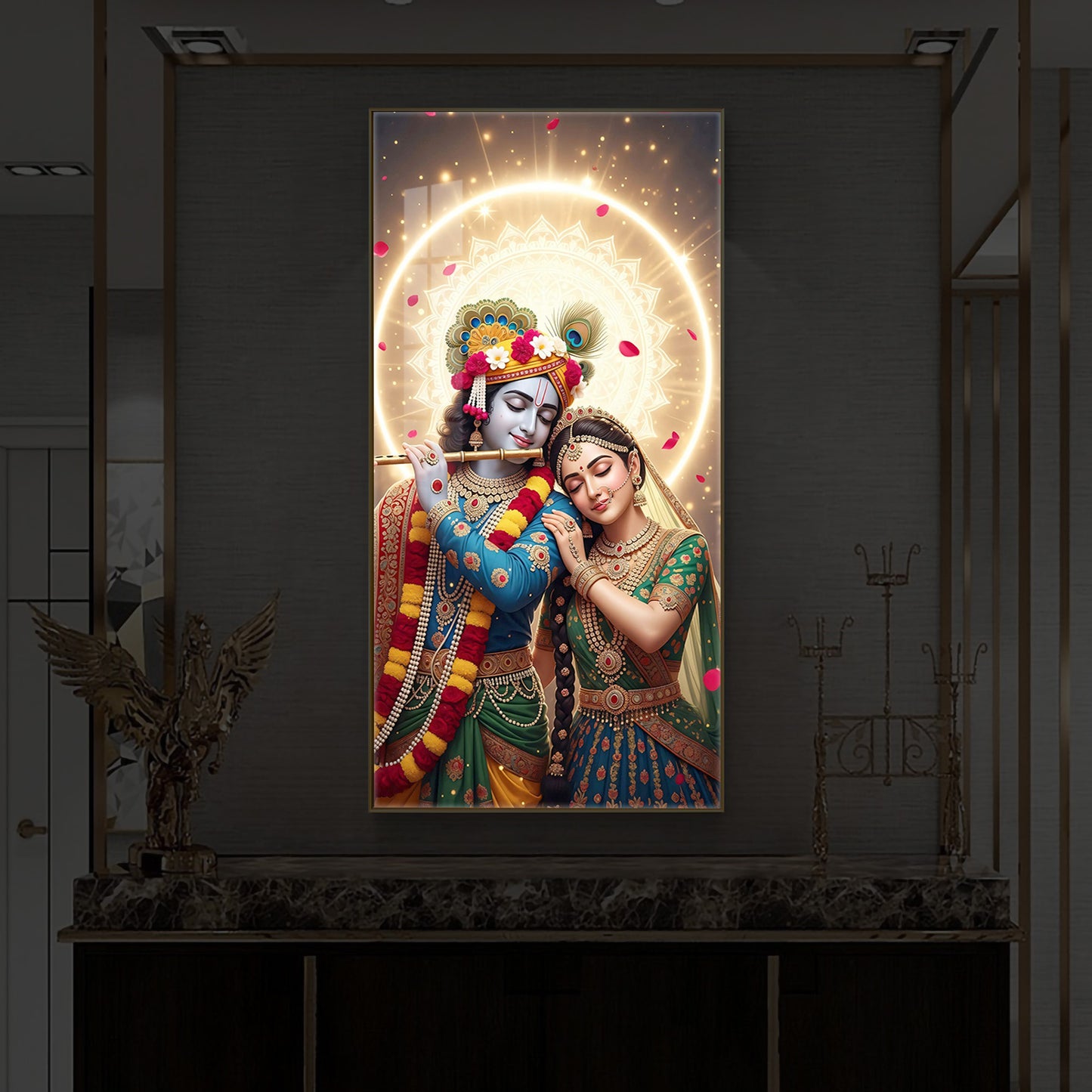 Couple Radhe Krishna Modern Luxury Backlight Vertical Wall Art