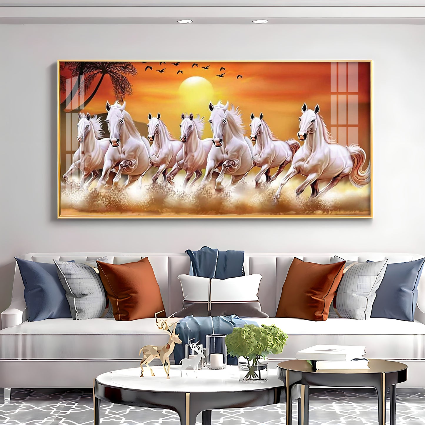 7 White Running Horses in The Sea With Sunrise Premium Acrylic Horizontal Wall Art