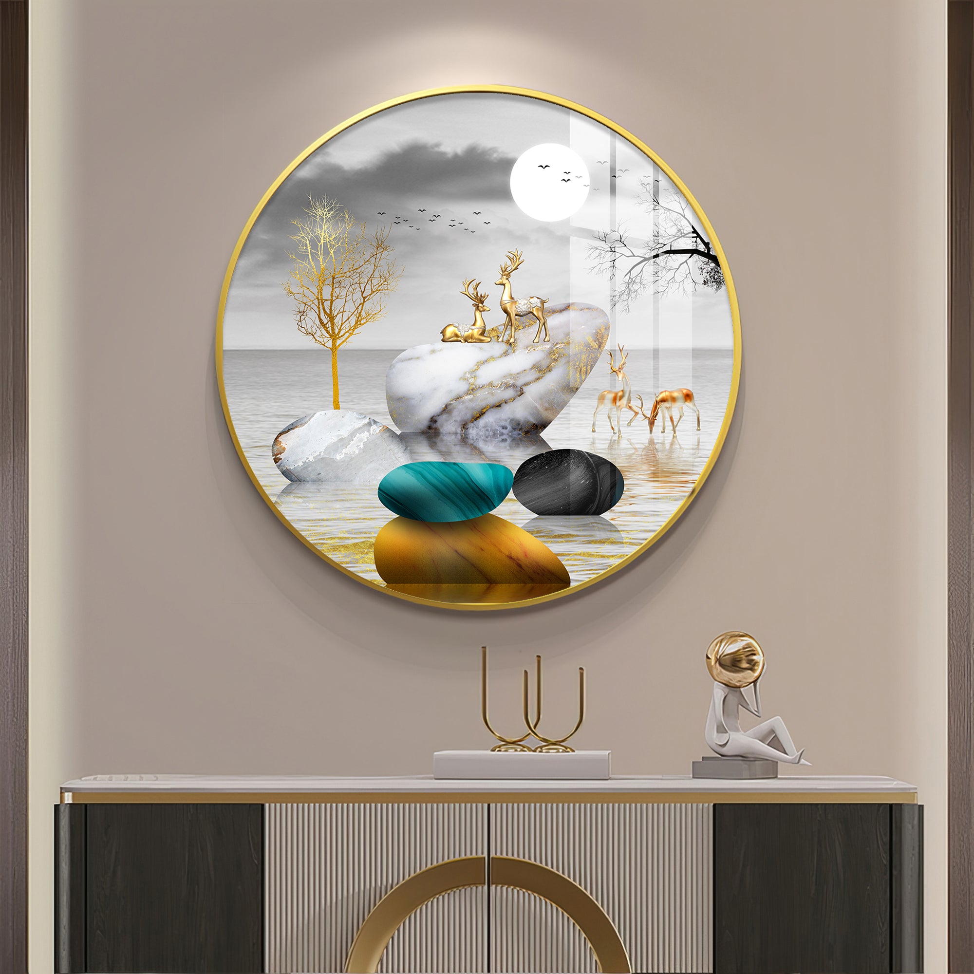 Deer And Stone Premium Acrylic Round Wall Art