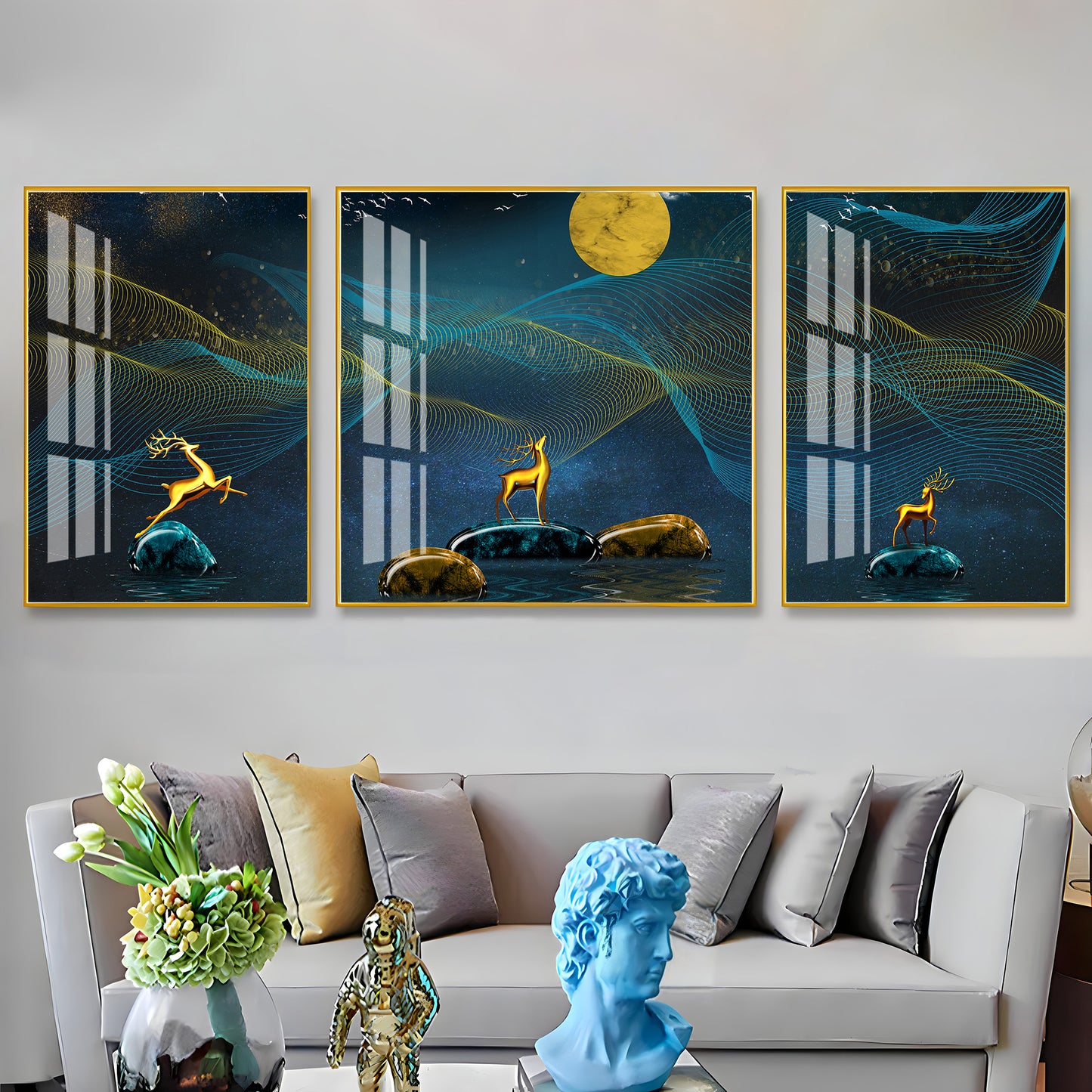 Deers Under Full Moon Night Premium Acrylic Wall Art (Set of 3)