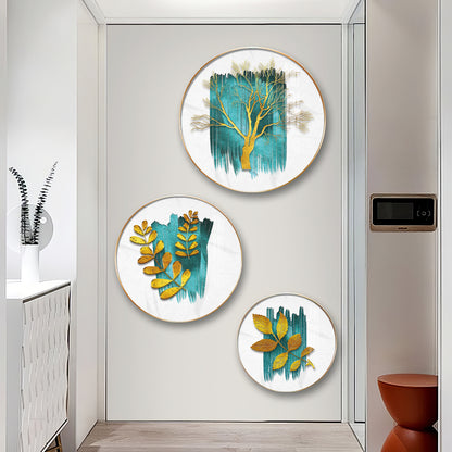 Golden Tree and Leaves Premium Acrylic Round Wall Art (Set of 3)