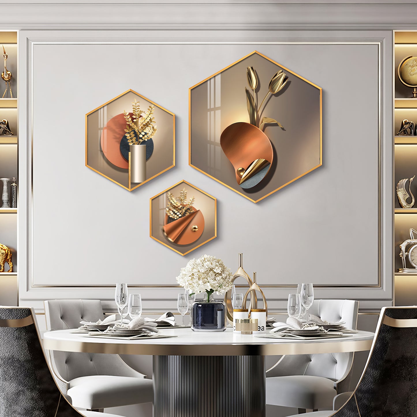 3D Petal Abstract Premium Acrylic Hexagon Wall Art (Set of 3)