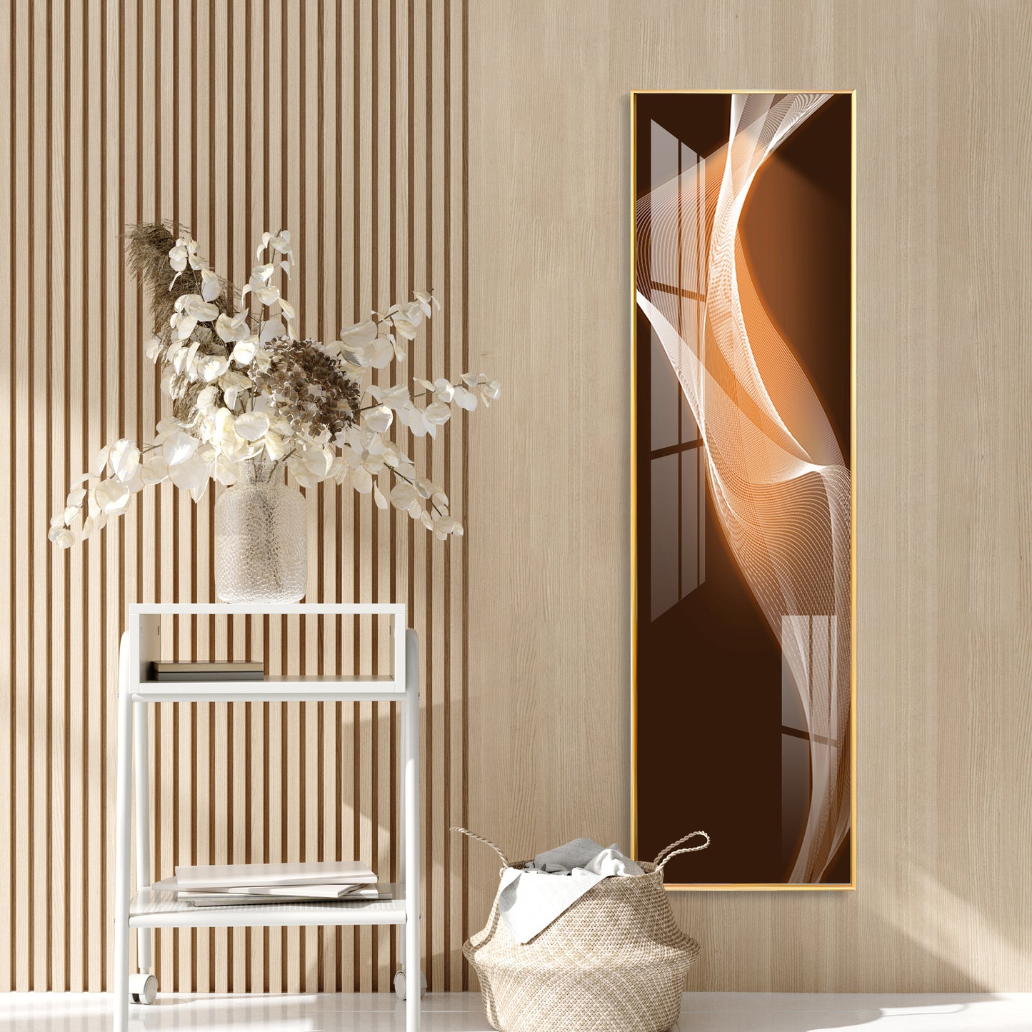 Golden White Wavy Lines Premium Acrylic Vertical Wall Art