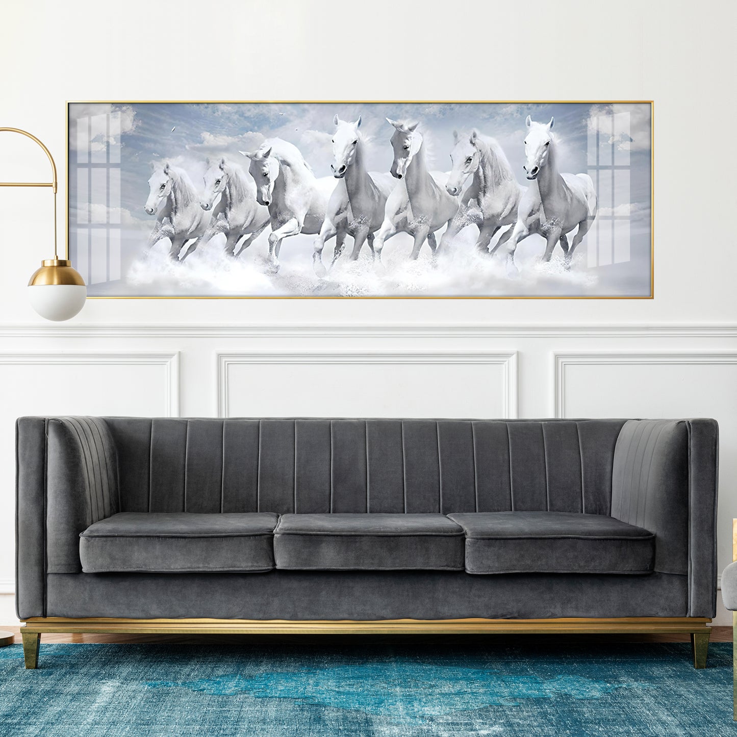 Seven Lucky Running White Horses Premium Acrylic Horizontal Wall Art