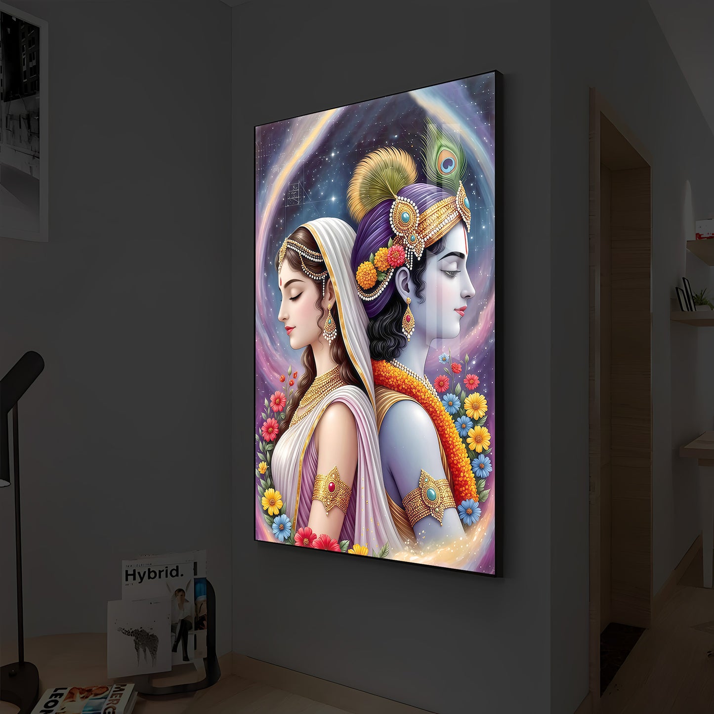 Lord Sri Radhe Krishna Modern Luxury Backlight Vertical Wall Art