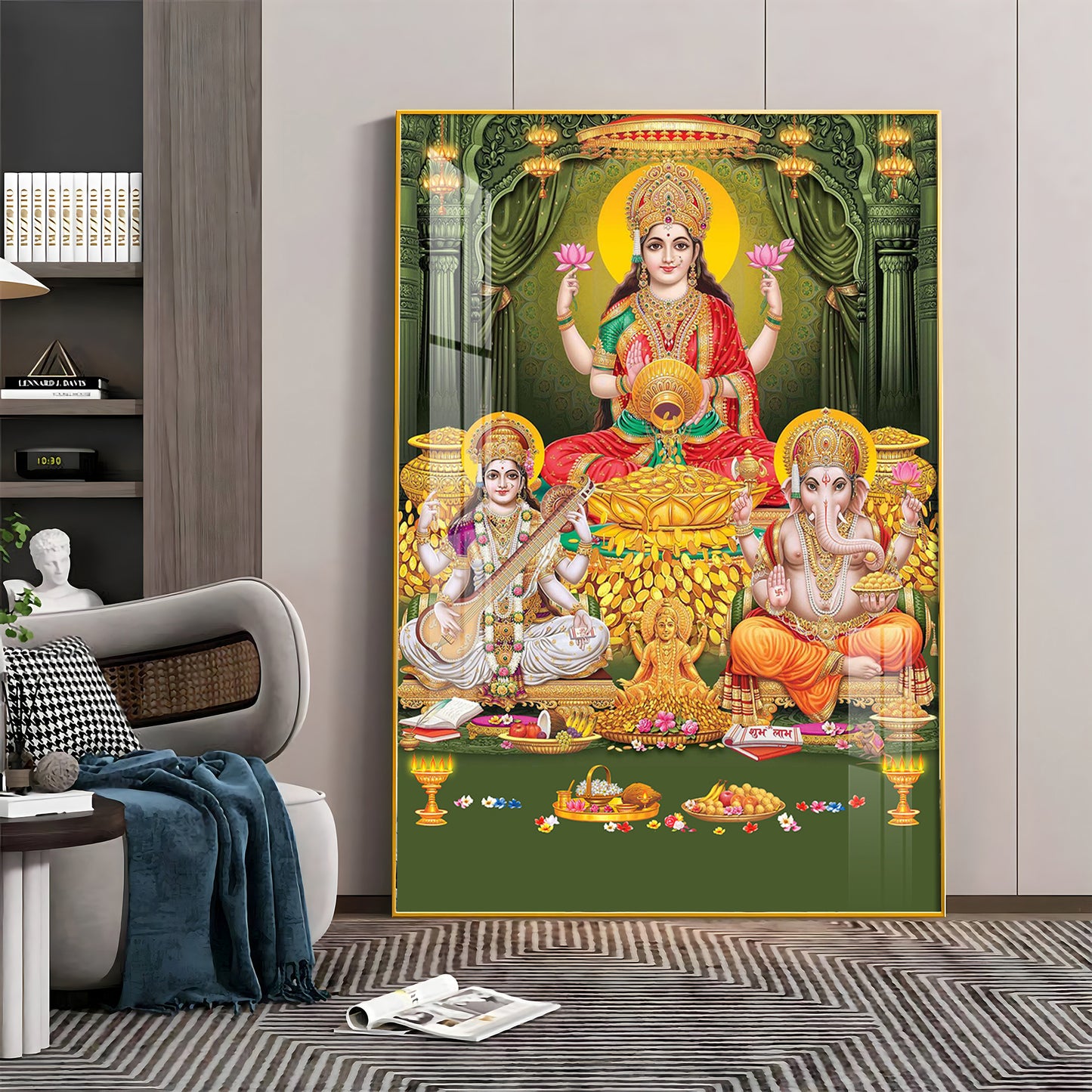 Divine Laxmi Ji With Flower Premium Acrylic Vertical Wall Art