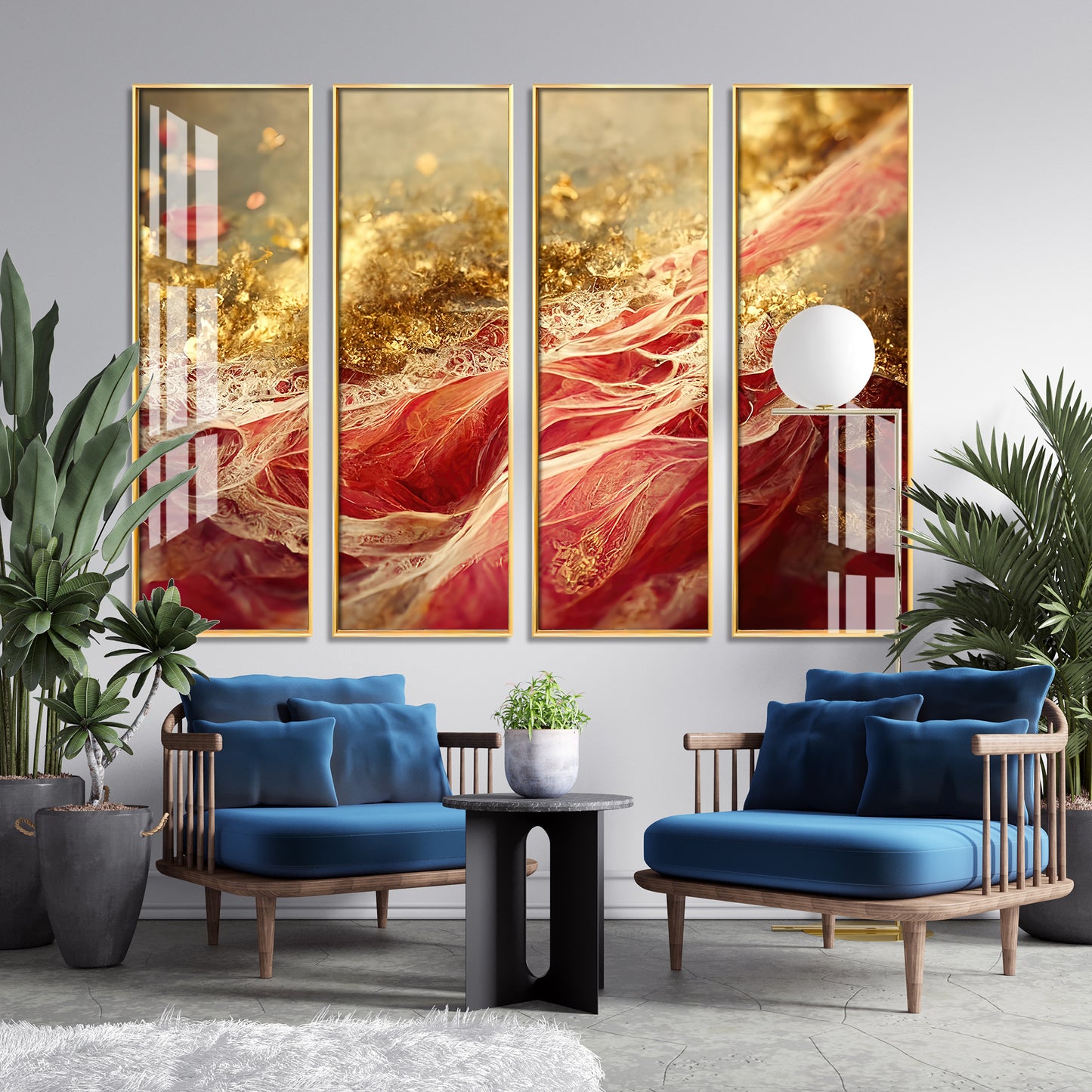 Passionate Red & Golden Premium Acrylic Vertical Wall Art (set of 4)