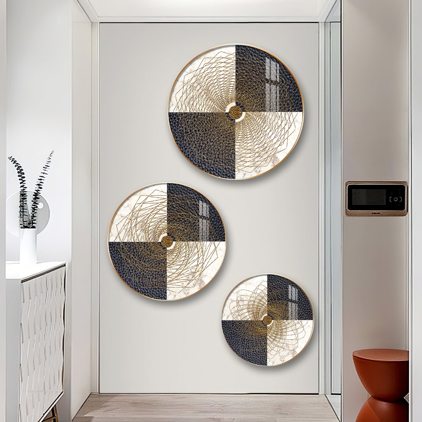 Spiral Line In Golden Premium Acrylic Round Wall Art (Set of 3)