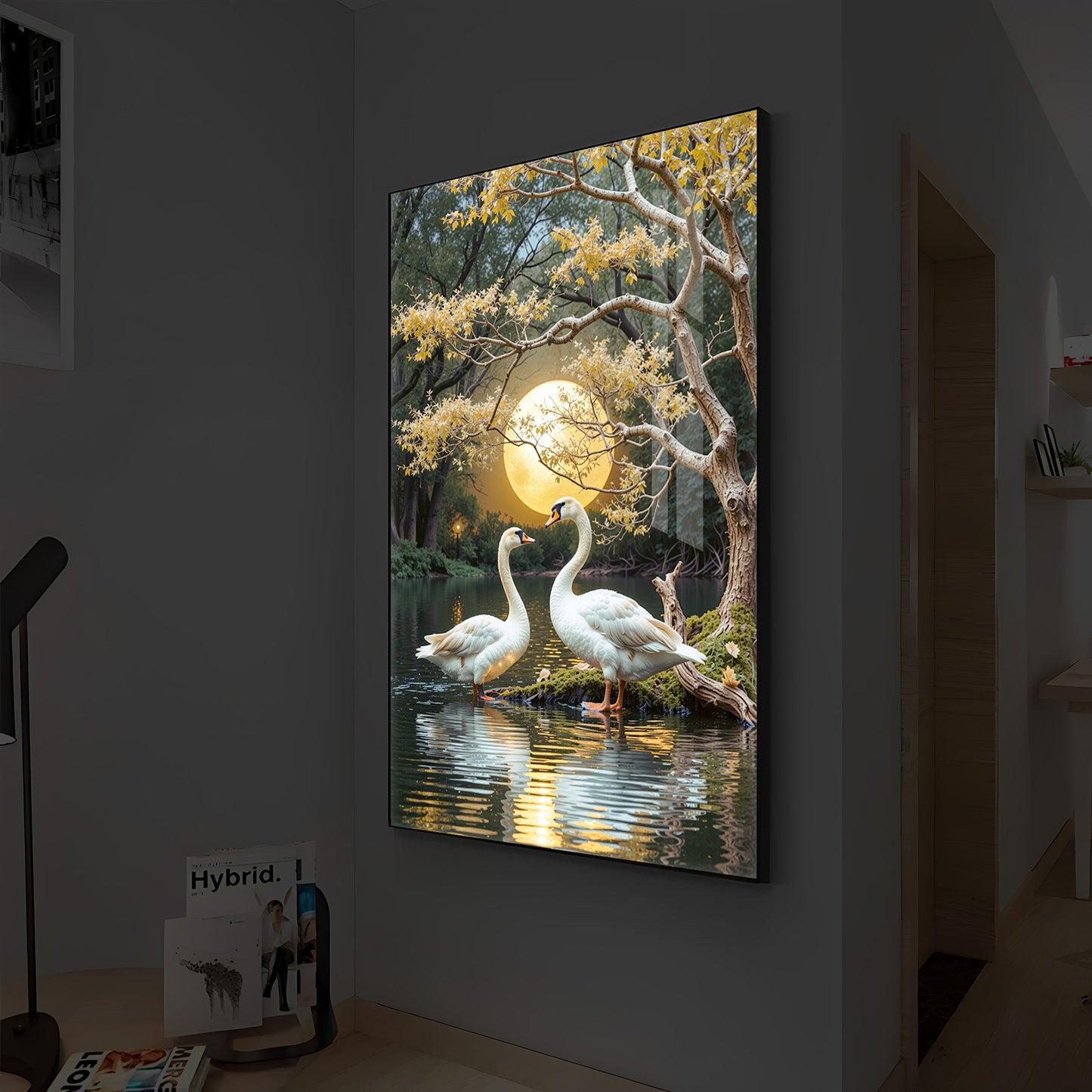 Couple Swan Modern Luxury Backlight Vertical Wall Art
